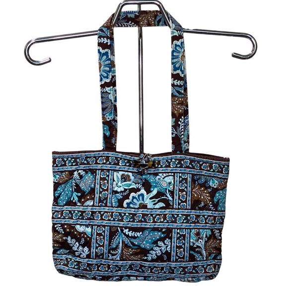Vera Bradley Java Blue Tic Tac Tote Retired Pattern Turquoise Brown Teal - Picture 1 of 8